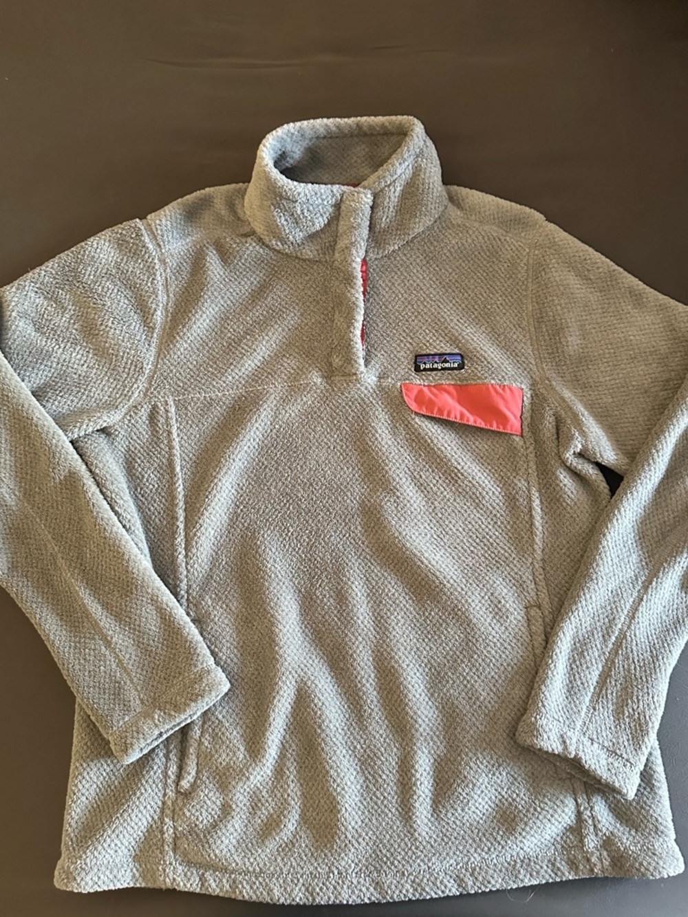 Patagonia Women’s Light Gray Zip Fleece with Coral Pocket